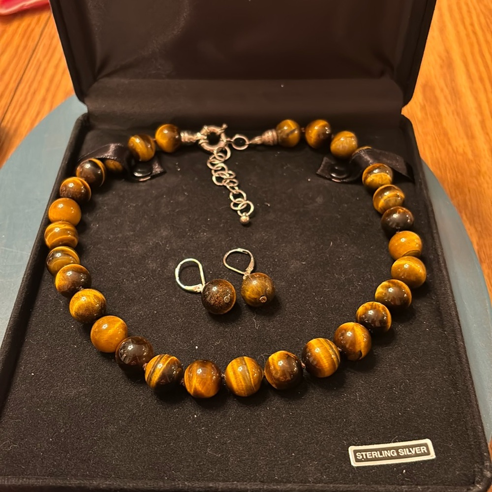 Whitney Kelly Tigers Eye Sterling Silver Spiritual Bead Necklace and Ear…